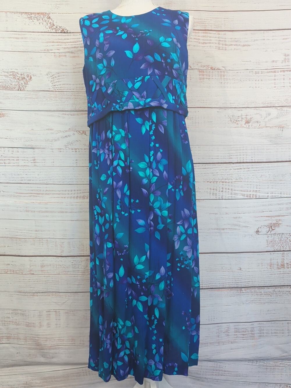 Vintage Worthington Dress 10P Blue Teal Floral Crinkle Chiffon Y2K Formal Maxi